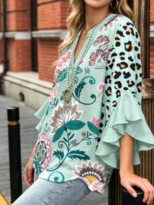 1 Women's Floral & Paisley& Leopard Print Blouse Tops - Button-Front Top With Three-Quarter Length Ruffle Sleeves, Non-See-Through Fabric For Everyday & Formal Events - Spring/Summer Blouse In Green, Women'S Clothing - 杏桃粉紅色 - 查看 3