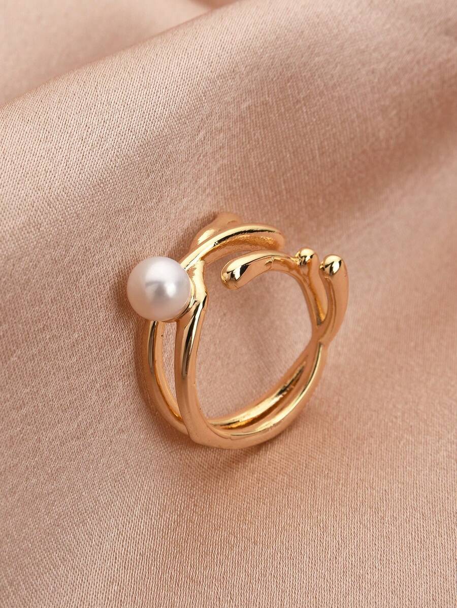 1枚18K镀金天然淡水珍珠可调节戒指，母亲节、情人节、生日礼物 - 白色 - 查看 1