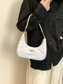 Fashionable Pearl Chain Crescent Shoulder Bag Fashionable Baguette Shoulder Bag Handheld Small Bag Outdoor Casual Bag Versatile Commuter Bag - White - View 4