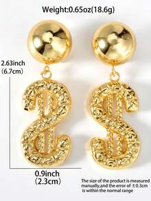 1 Pair Exaggerated Luxurious 14K Gold Plated Copper Multi-Element Dollar Sign Earrings, Suitable For Women's Daily, Party, Banquet, Street Fashion Earrings - Gold - View 7