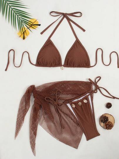 纯色露背挂脖比基尼套装，含纱笼和半身裙，沙滩度假装