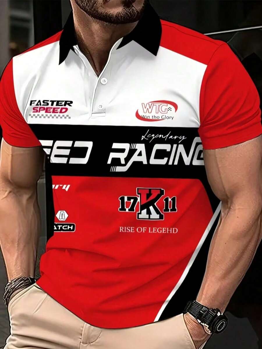 男士数码印花Polo衫，舒适透气，翻领短袖，适合户外穿着 - 紅色 - 查看 1