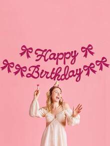 Glitter "Happy Birthday" Pull Flag, Pink Bow Birthday Banner, Birthday Party Decoration Pull Flag, Bow Birthday Theme Pull Flag, Bow Birthday Party Decorations - Hot Pink - View 4