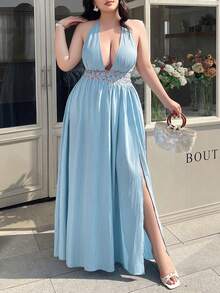 abyoxi 大码女式蓝色性感深V领褶皱露背A字连衣裙，腰部饰有花卉图案，休闲度假沙滩裙，春夏新款 - 淺藍色 - 查看 5