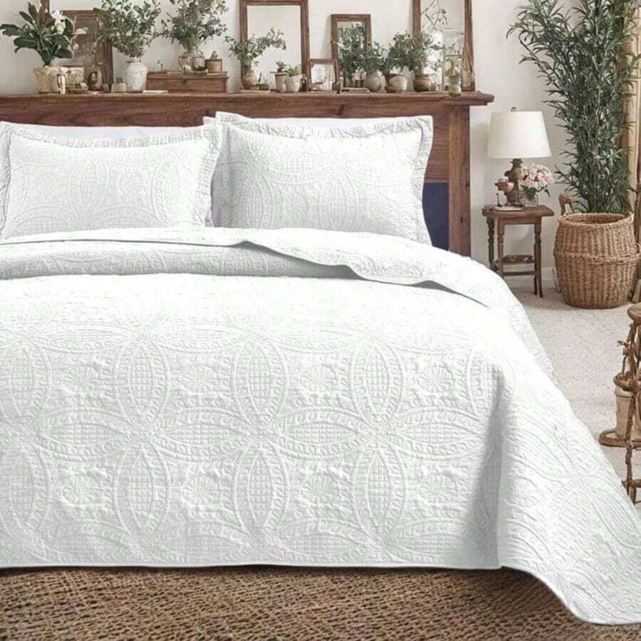 3 Pcs Bed Comforter Set,Queen Comforter Set,Edredones Para Cama Queen Size Quilt Bedding Set,White Lightweight Microfiber Quilt,Modern Geometric 3-Piece Set(1 Quilt+2 Pillow Shams) Queen/Full 90''X96'' Soft Skin-Friendly Breathable Fluffy Cozy Warm All-Season Holiday Bedding For Bedroom Living Room Home Dorm Apartment Decor - White - View 1
