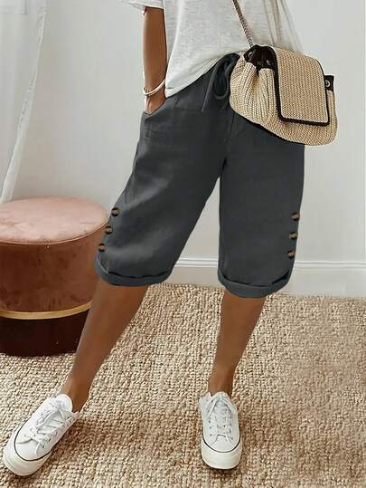 Jisfaneya纯色弹力腰抽绳口袋前褶面料直筒裤，休闲百搭七分裤，适合春夏度假和日常穿着