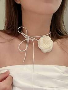 3pcs/Set Elegant Handmade 3D Camellia Flower Necklace, Fabric Floral Choker - Multicolor - View 12