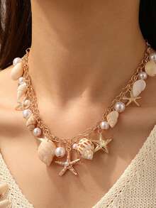 1pc Bohemian Ocean Life Starfish Shell Pearl Necklace, Suitable For Beach Vacation - Gold - View 2