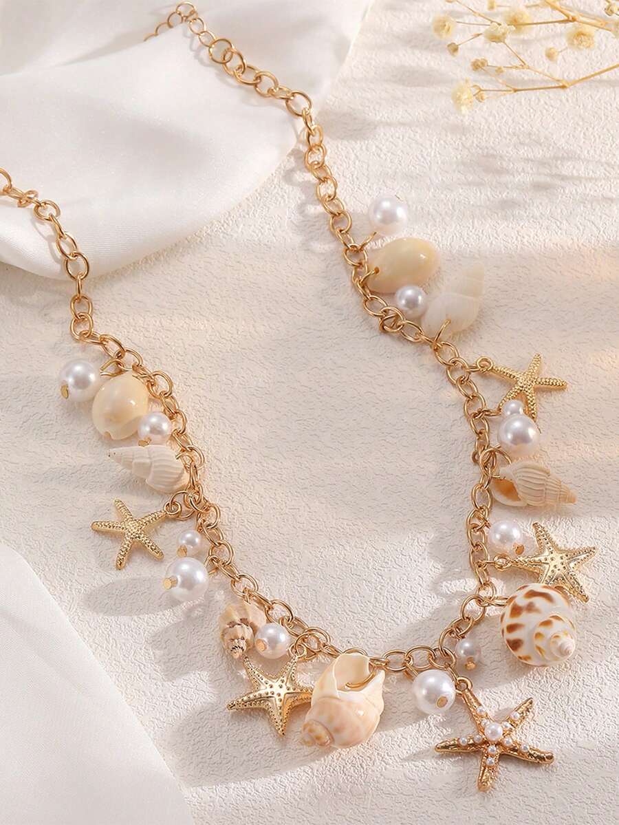 1pc Bohemian Ocean Life Starfish Shell Pearl Necklace, Suitable For Beach Vacation - Gold - View 1