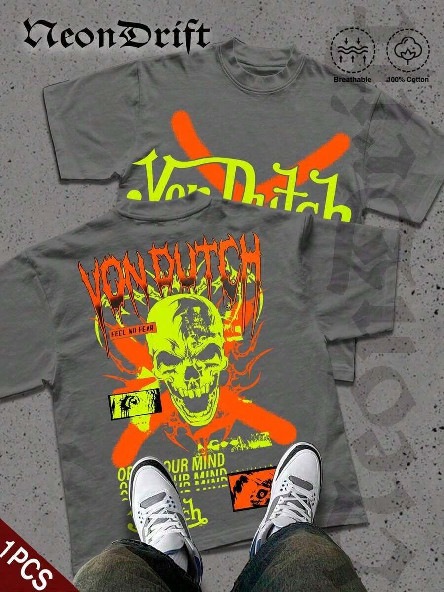 SummerNeonDrift Street Double-Sided Printing Cotton T-Shirt 100% Cotton Fabric Unisex Style-Men T Shirt Skull Graphic Print Neon Yellow Orange Cross Design Streetwear Fashion Casual Wear For Urban Style Fans Hip Hop Look Breathable 100 Cotton Comfortable FitLoose And Comfortablesummer Clothes - 灰色 - 查看 1