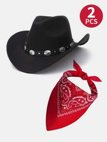 2件套女士粉色牛仔帽，西部毡帽配头巾和皮带，适合返校、音乐节、生日、万圣节派对等场合，包含1顶粉色牛仔帽和1条粉色头巾。 - Cowboy Hat(Concho Belt) + Bandanna - 查看 6