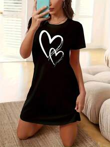 Women's Heart Print Short-Sleeve Nightgown - Suitable All Seasons, Adult Nightgown With Round Neck And Heart Pattern Design. Outerwear Dress. KABO - 白色 - 查看 9