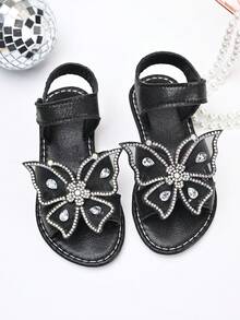 A Pair Of 2026 New-Style Girls' Net-Sheer Rhinestone Flower Glitter Sequin Anti-Slip Open-Toe Low-Top Flat Sandals | Suitable For School Days Outfits / Family Picnics / Children's Park Outings - Black - View 3
