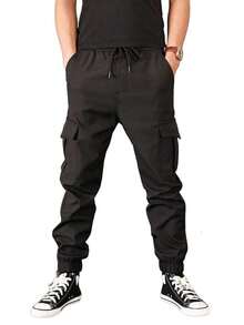 Men's Beige Cargo Jogger Pants With Functional Side Pockets, Streetwear Casual Style, Elastic Ankle Adjustment - 黑色 - 查看 1