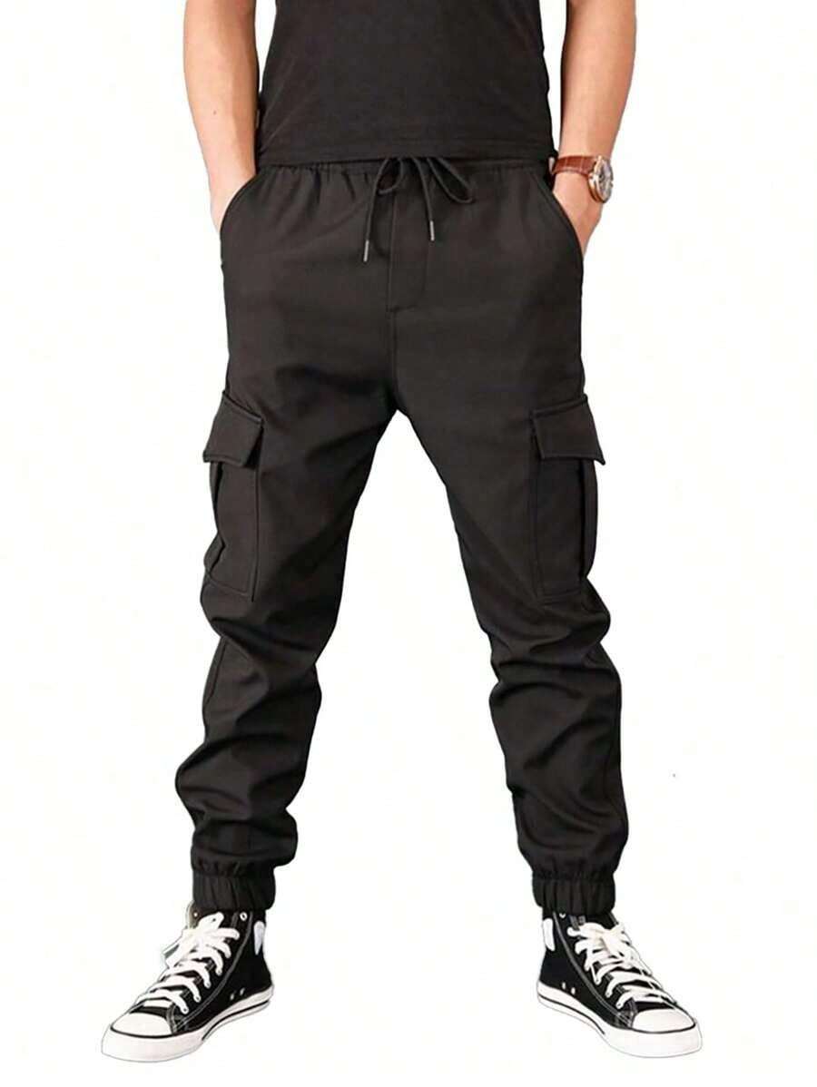 Men's Beige Cargo Jogger Pants With Functional Side Pockets, Streetwear Casual Style, Elastic Ankle Adjustment - 黑色 - 查看 1