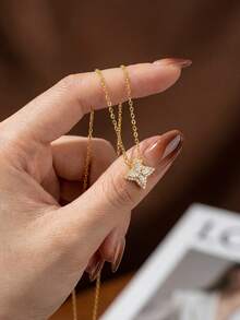 1pc Sparkling Zirconia Studded Star Pendant Necklace, Luxurious Neck Ornament - Four-pointed Star  Necklace - View 6