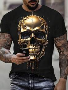 3D Metallic Skull T-Shirt For Men - Soft, Breathable Cotton, Loose Fit, Short Sleeve, Round Neck, With A Strong 3D Golden Skull Print - Casual Streetwear Top For Spring/Autumn, Urban Style For Young Adults & Fashionable Outfits - 黑色 - 查看 1