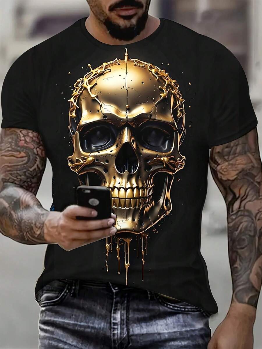 3D Metallic Skull T-Shirt For Men - Soft, Breathable Cotton, Loose Fit, Short Sleeve, Round Neck, With A Strong 3D Golden Skull Print - Casual Streetwear Top For Spring/Autumn, Urban Style For Young Adults & Fashionable Outfits - 黑色 - 查看 1