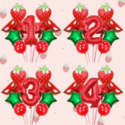 11pcs Strawberry Birthday Balloon Set, Includes Strawberry Balloons, Watermelon Balloons, Red & Green Star Balloons, Red Polka Dot Balloons, And 32-Inch Red Number 0-9 Balloons, Suitable For Strawberry Birthday Party, Strawberry Party Decor, Fruit Theme Celebration, Summer Party