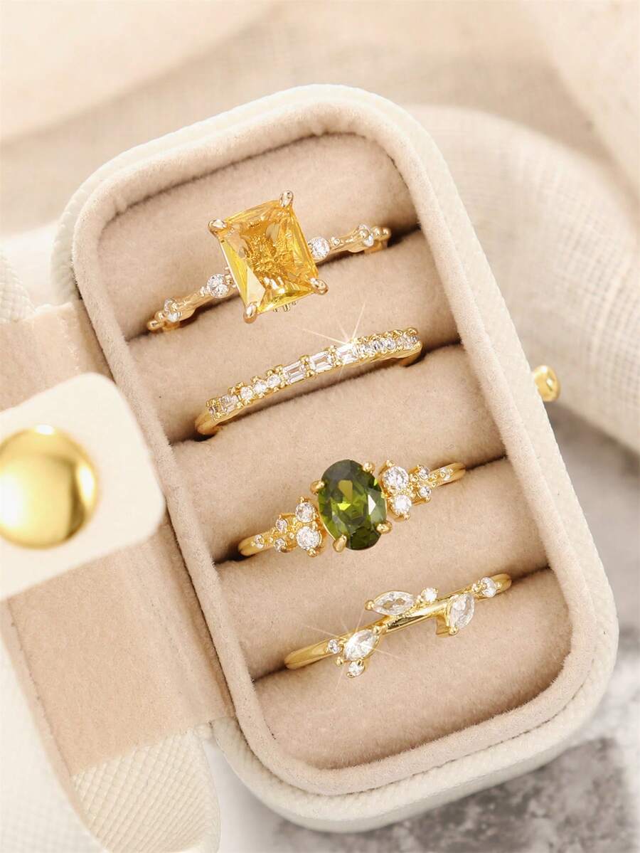 4 Pcs Gorgeous Cubic Zirconia Rings With Box For Women For Wedding Engagement Anniversary Party Jewelry Valentine's Day Gift - 1# - View 1
