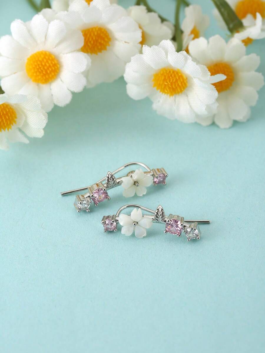 1件装花朵粉色锆石攀爬耳环 女士日常饰品 - 花朵鋯石耳釘 - 查看 1