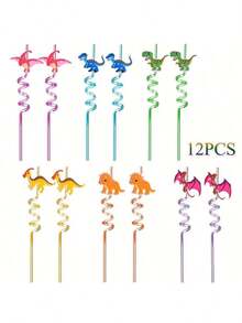 12/6pcs Reusable Cartoon Dinosaur Straws, PET Plastic Material, Fun Straws, Dinosaur Theme Party Birthday Straw Decorations, Small Gift - Multicolor - View 9