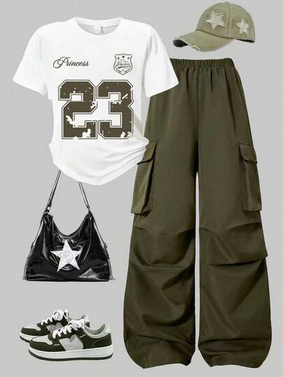 Tween Girl Numeric Print Round Neck Short Sleeve T-Shirt And Cargo Pants Casual Outfit