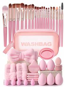 45PCS Makeup Tools Set Including:20PCS Makeup Brush Set+1pc Multi-Functional Zipper Toiletry And Cosmetic Bag Waterproof+1pc Hairband+1pc Makeup Brush Cleaning Tools+2PCS Hand Bowl Strap+5PCS Triangle Powder Puffs+5PCS Makeup Sponges+5PCS Mini Air Cushion Powder Puffs+5PCS Mini Makeup Sponges,All-In-One & Beginner-Friendly | Travel-Ready & Gift-Ready | Perfect For Newbies/Her,Giveaways,Professional Makeup Brushes,Complete Makeup Set - Multicolor - View 12