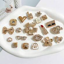 20件套时尚鞋花配件 DIY蝴蝶结爱心鞋饰串珠，适用于木屐、沙滩包、节日和假期、情人节礼物 - 金色 - 查看 8