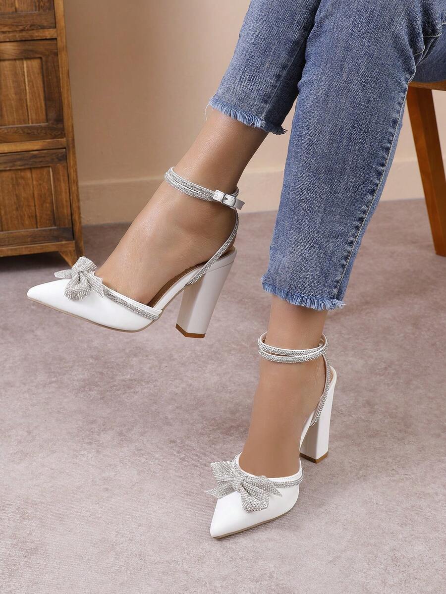 Elegant Women's Pointed Toe Solid Color High Heel Pumps, Fashion Rhinestone Bow Sexy Rhinestone Strap Shoes - White - View 1