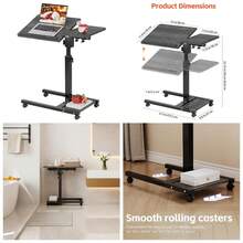 Overbed Table With Wheels Adjustable Height, Mobile Standing Stand Up Rolling Laptop PC Desks With Tilting Top Height Tray Side Computer Workstation For Bedroom On Hospital Home Use, Black - Default - View 2