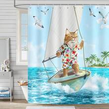 ستارة دش قطة ركوب الأمواج الأنيقة قطعة واحدة، ستارة دش مطبوعة بمنظر البحر والقوارب الشراعية، مناسبة لديكورات الغرف المختلفة، ستارة دش حاجز الحمام، ستارة حوض الاستحمام - متعدد الألوان - مشاهدة 2