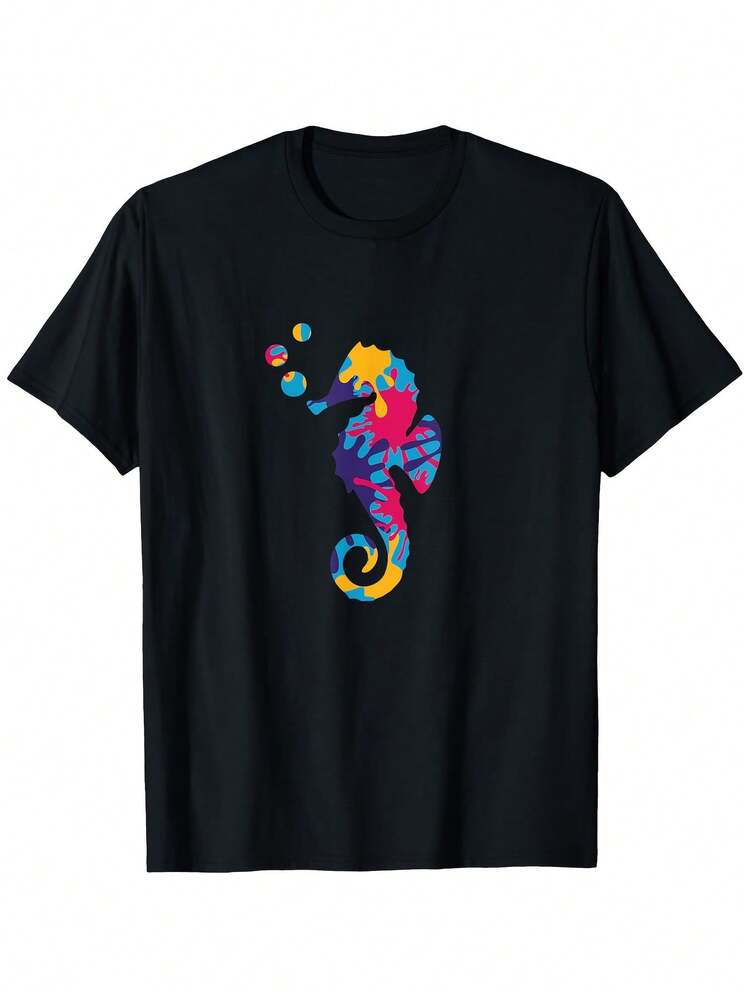 Camiseta hawaiana con estampado tie-dye de caballito de mar para hombre - 100 % algodón de 180 g, tejido grueso, estampado multicolor vibrante, corte regular, tallas S-XXXL - Negro 8 - Añade 1
