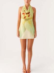 Women Floral Print Halter Backless Sleeveless Mini Dress, Resort Dresses For Women,Vacation Outfits ,Sexy Outfits For Women,,Bohemian Clothes Vacation Dress,Suitable For Going Out, Concert, Party, Club Outfits, Date, Night Out,Vacation ,Beach Outfits,Garden Wedding Guest Dress, Elegant Dress For Women,Valentine's Day,For Autumn And Winter,Sexy Elegant Party,Graduation,Prom,Luxury Evening, National Day, New Year Clothes, Going Out Outfit, - 淡黃色 - 查看 3