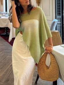 Áo khoác poncho không tay, màu trơn, thời trang dành cho nữ, thiết kế bất đối xứng tôn dáng, chất liệu hơi xuyên thấu, phù hợp cho hẹn hò/mặc hàng ngày, mùa xuân và thu hè. - màu xanh lá - Xem 7