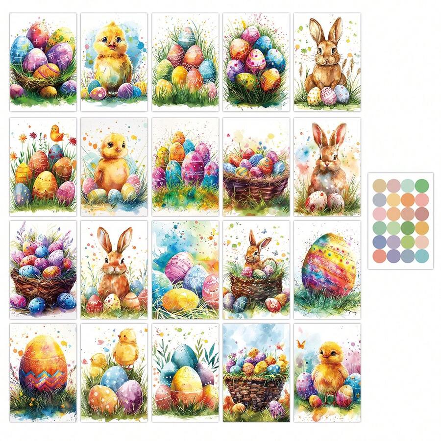 20pcs Watercolor Easter Eggs & Bunny Postcards Set, Easter Holiday Aesthetic Picture Wall Collage Kit For Home Room Decor, Small Posters, Suitable For Collecting And Gifting, Easter Gifts - Model D - View 1