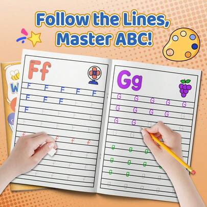 دفتر تمارين الحروف الأبجدية - تتبع الحروف الكبيرة والصغيرة مع أدلة الخطوط، أصوات الحروف وأنشطة الكلمات، خطوط كتابة واضحة للممارسة اليومية، يبني مهارات الكتابة اليدوية والتعرف على الحروف والمفردات والقراءة المبكرة