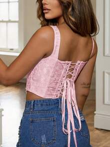 Áo corset gợi cảm, thanh lịch cổ vuông với khoen kim loại phía trước, họa tiết jacquard, dây buộc sau lưng, thích hợp cho tiệc tùng, đi chơi, ngày Valentine, Halloween và các dịp khác. - Hồng - Xem 2