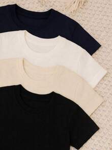 Set Of 4 Basic T-Shirts For Boys (Children's/Youth) 100% Cotton Short Sleeve Casual - Sizes 2 To 14 - 藏蓝色 - 查看 1