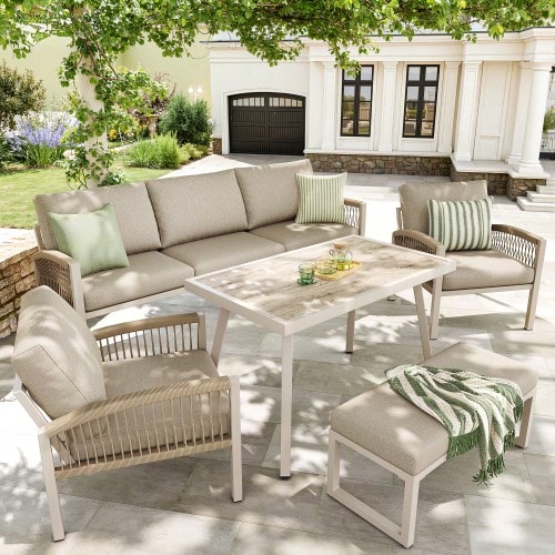 Handwoven 7-Seater Garden Sofa With Armrests / Sturdy Iron Frame And Beige Cushions / Includes A Table (Wood-Effect Glass) And 2 Armchairs / Weather-Resistant Patio Set - Beige - View 1