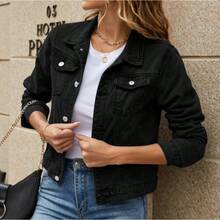 2026 New Arrival Women's Fashion  Lapel Pocket Single-Breasted Short Denim Jacket - 黑色 - 查看 10