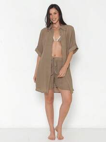 Women's 2-Piece Set: Shorts And Kimono Shirt, Beachwear Style - 卡其色 - 查看 1