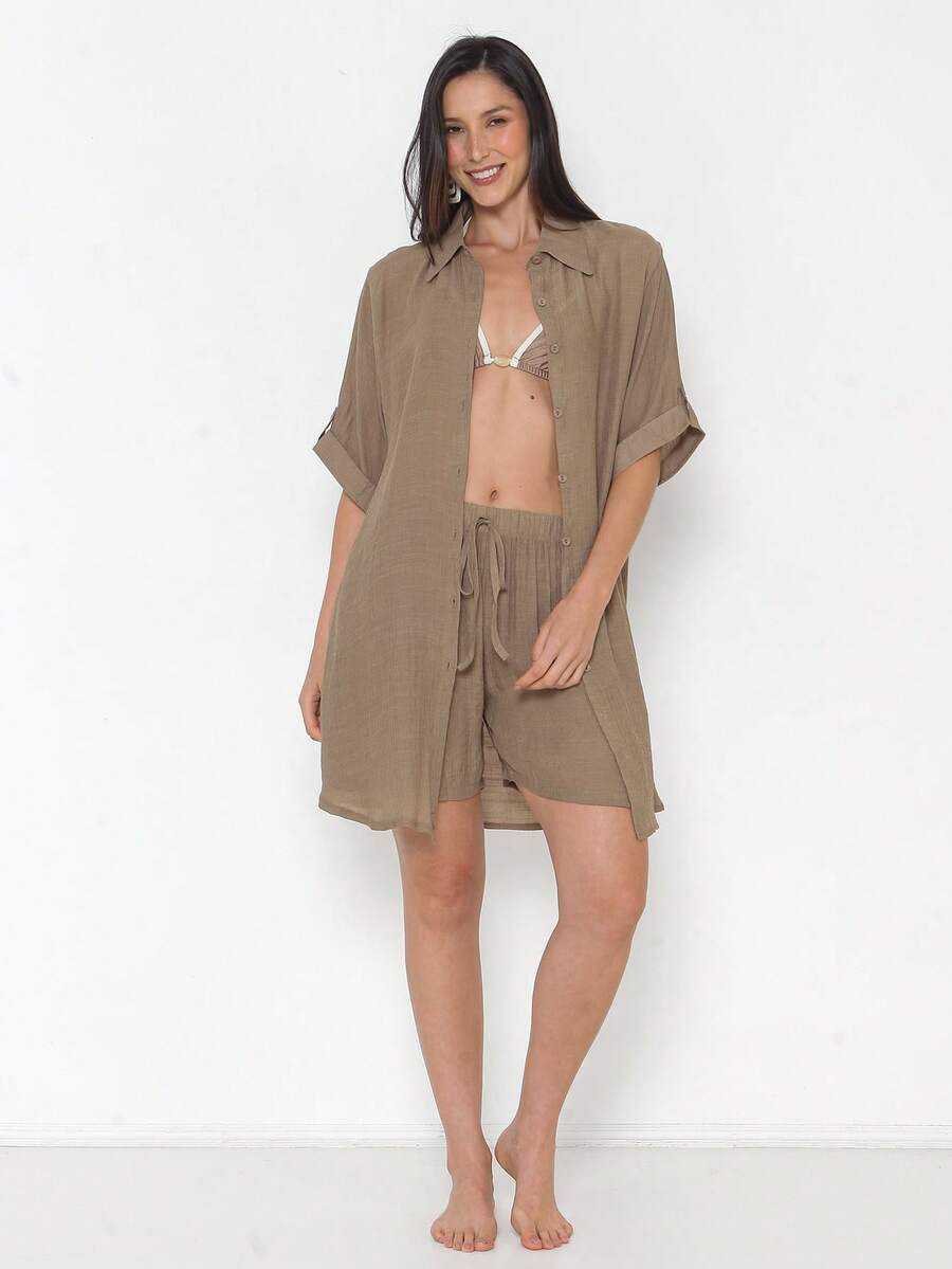 Women's 2-Piece Set: Shorts And Kimono Shirt, Beachwear Style - 卡其色 - 查看 1