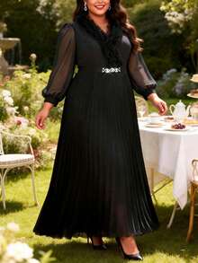 大码女士黑色褶皱雪纺连衣裙，腰间系带，端庄正式，适合周日派对、春季婚礼等场合。 - 黑色 - 查看 5