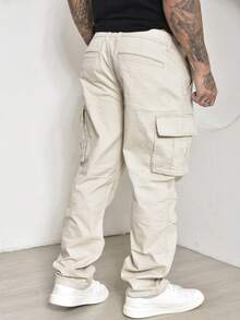 Calças Cargo Masculino Sarja Casuais com Multi-Bolsos Com Lycra - Bege - Visão 6