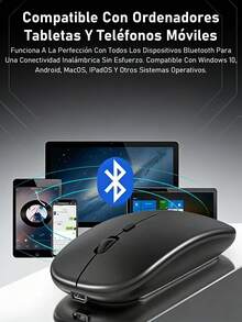 Ratón inalámbrico, batería recargable de 300 mAh, silencioso, diseño ultrafino (receptor Bluetooth y USB 2.4Ghz), ratón de ordenador portátil, apto para portátiles, iPad, compatible con MacBook y dispositivos Apple - Negro - Ver 4