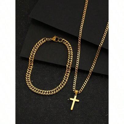 1 Set Stainless Steel Cross Pendant Necklace And Bracelet, Hip Hop Jewelry For Teens, Fashion Street Accessories, Birthday Gift For Teenagers