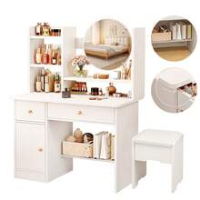 Tocador para dormitorio, estilo minimalista moderno, con espejo, 2 cajones, 3 armarios de almacenaje y estantes, adecuado para dormitorio, salón y vestidor - Blanco - Ver 1