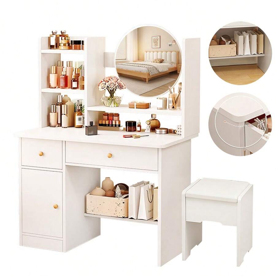 Tocador para dormitorio, estilo minimalista moderno, con espejo, 2 cajones, 3 armarios de almacenaje y estantes, adecuado para dormitorio, salón y vestidor - Blanco - Ver 1