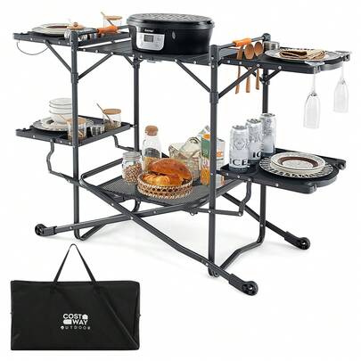  COSTWAY Camping Kitchen Table, Folding Portable Outdoor Cook Station W/ Heat-Resistant Aluminum Tabletop, 4 Side Tables, Storage Rack, Carrying Bag, Outdoor Cooking Table For Picnic BBQ Camping Travel, Black